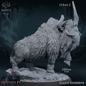 May include: A detailed, gray-colored miniature of a Giant Ghorrox, a fantasy creature with large horns and a shaggy coat. The base measures 100mm, and the height is 114mm. The model is from the Deephold collection by Mammoth Factory.