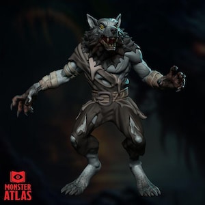 May include: A detailed figurine of a werewolf with gray skin, brown tattered clothing, and a menacing expression. The figure has sharp claws, a belt, and bandages on its arms. The Monster Atlas logo is in the lower left corner.