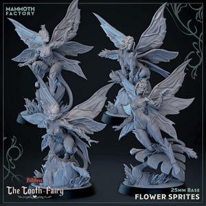 May include: Four gray miniature fairy figurines with large, detailed wings and floral accents. The fairies are in various poses, some kneeling or perched on rocks. The base of each figure is 25mm. Text on the image reads "The Tooth-Fairy" and "Flower Sprites."