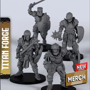 May include: Four gray miniature knight figurines in various action poses, each on a black base. One figure holds a sword aloft, while others wield shields and weapons. The text "TITAN FORGE" is visible.