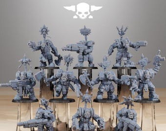 Op de afbeelding: Een collectie van tien onbeschilderde grijze hars miniatuurfiguren van StationForge, elk met een zwaar gepantserde krijger die een vuurwapen of slagwapen vasthoudt, voorzien van gedetailleerde schedelmotieven en tactische uitrusting.