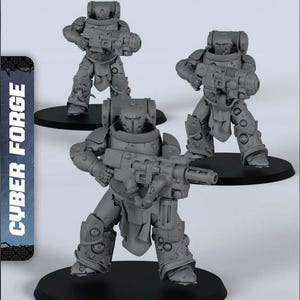 May include: Three grey miniature figures of armoured soldiers, each holding a weapon. The figures are on black circular bases. The text "CYBER FORGE" is on a blue and white vertical banner.