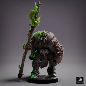May include: A detailed figurine of a fantasy character, an orc-like warrior, holding a staff with green flames. The figure is clad in armor and a cloak, with intricate detailing. The color palette includes shades of brown, gray, and green.