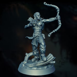 May include: A grey figurine of an archer in a dynamic pose, drawing back a bow. The archer has long hair, is clad in fur-lined boots and a loincloth, and is standing on a wooden base. A quiver of arrows is visible on the archer's back.