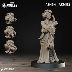 May include: A grey miniature figure of a woman in a long coat, holding a curved blade. The figure is on a black base, with three smaller head-and-mask versions to the left. Text reads "Bite the Bullet" and "Ashen Armies".