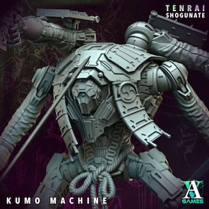 May include: A detailed, grey Kumo Machine model from Tenrai Shogunate, featuring intricate mechanical designs, weapons, and a samurai-inspired aesthetic. The image includes the text "Kumo Machine" and "Tenrai Shogunate". The model is from A Games.