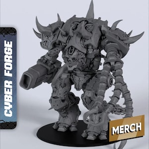 May include: A gray, detailed miniature robot figure with horns and spikes, standing on a black base. The figure has a large cannon arm and multiple tentacle-like appendages. The text "CYBER FORGE" is visible on the left, and "MERCH" on the right.
