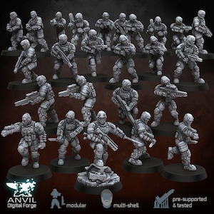 May include: A group of grey miniature soldier figurines, each posed with a weapon and set on a black base. The figures are wearing detailed armour and helmets. The image includes the text "ANVIL Digital Forge", "modular", "multi-shell", and "pre-supported & tested".