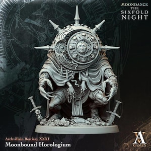 May include: A detailed miniature figure of a creature with a large, ornate headpiece featuring a face and skulls. The figure is cloaked and holds two swords. Text on the image reads "MOONDANCE THE SIXFOLD NIGHT" and "Archvillain Bestiary XXXI Moonbound Horologium."