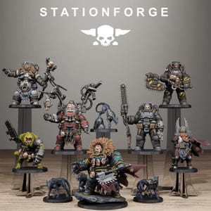 May include: A selection of miniature figurines, depicting characters in armour and holding weapons. The figurines are painted in a range of colours, including green, red, and silver, and are displayed on clear stands. The STATIONFORGE logo is visible at the top.