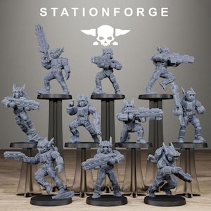 May include: A collection of nine grey, unpainted resin miniature soldier figurines, each standing on a black circular base. The figures are equipped with futuristic armour and various rifles. The text STATIONFORGE and a skull logo appear above.
