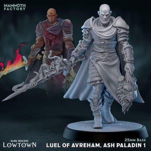 Può includere: Miniatura dettagliata stampata in 3D di Luel of Avreham, Ash Paladin 1, da Dark Descent Lowtown. La figura è in posa dinamica, con una spada e una testa mozzata. La miniatura è su una base da 25 mm. Il logo Mammoth Factory è visibile.