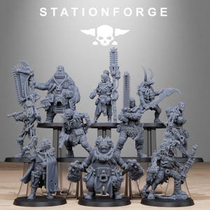 May include: A collection of ten unpainted gray resin miniature figures from StationForge. The figures depict various armored warriors and creatures, some holding large chain-bladed weapons, others with skeletal details, capes, and tactical gear.