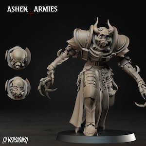 May include: A beige resin miniature figure of a skeletal warrior with horned skull head, armored pauldrons, and clawed hands. The figure wears a long skirt and chest armor. Two additional head options are shown on the left. Text reads ASHEN ARMIES.