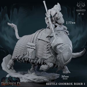 May include: A detailed, gray 3D-printed miniature of a Battle Ghorrox Rider 1. The rider, in armor, is mounted on a horned beast. The base measures 50mm, and the figure is 77mm tall. The image includes the "DEEPHOLD" and "MAMMOTH FACTORY" logos.