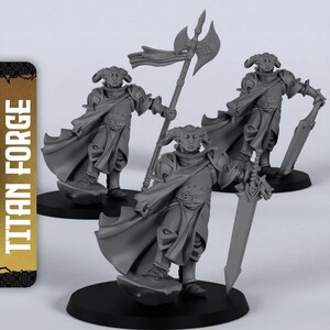 May include: Three gray miniature figures of armored warriors, each standing on a black base. One holds a large double-bladed axe with a banner, while the others wield swords. The figures have horned helmets and flowing capes. The text "TITAN FORGE" is visible on the left.