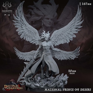 May include: A gray, detailed figurine of Maleshai, Prince of Desire, from the Disciples of Darkness series. The figure has large feathered wings, flowing hair, and stands 167mm tall on a 50mm base. The Mammoth Factory logo is visible.