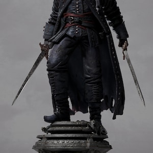 Könnte beinhalten: Detaillierte Statue einer hellhäutigen Figur mit spitzen Ohren, die einen dunklen Mantel trägt und zwei Schwerter hält. Die Figur steht auf einem dekorativen Sockel. Der Text "Nocturne Assembly 1/6 scale" ist sichtbar.