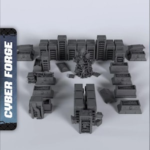 May include: A collection of gray miniature terrain pieces for tabletop gaming. The set includes various structures, such as rectangular buildings, containers, and a central, detailed sculpture. The text "CYBER FORGE" is visible on the left side.