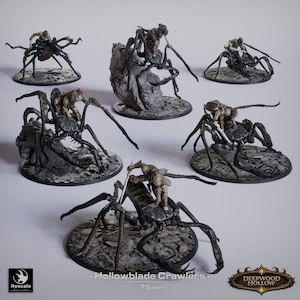 May include: A collection of detailed miniature figures of Hollowblade Crawlers, each with a rider. The figures are dark gray and black, set on textured bases. The text "Hollowblade Crawlers" and "75mm" is visible.