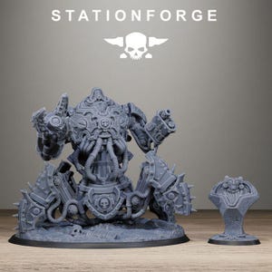 May include: A grey resin miniature of a mechanical walker with multiple legs, tubing, and skull motifs, accompanied by a separate small bust. The text STATIONFORGE and a skull logo are visible at the top of the image.