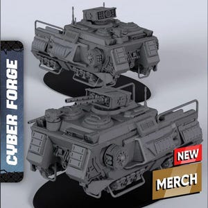 May include: Two gray Cyber Forge model tanks with detailed designs, mounted on black bases. One tank has a "NEW MERCH" sticker. The Cyber Forge logo is visible on the left side of the image.
