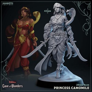 Puede incluir: Una figura detallada de la Princesa Camomila, un personaje de fantasía con una serpiente. Sostiene dos espadas y viste ropa adornada. La imagen también muestra una versión pintada en rojo y dorado. La base es de 25 mm.