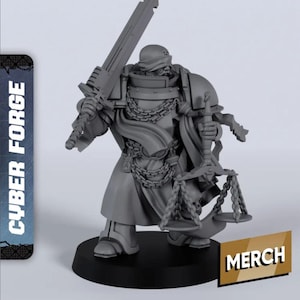 May include: A gray figurine of a warrior in armor, holding a large sword and scales. The figure is on a black base. The word "MERCH" is on a gold rectangle. The text "CYBER FORGE" is on a blue rectangle.
