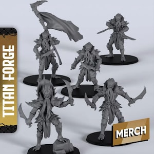 May include: A collection of gray miniature figures, each depicting a humanoid creature with a tentacled face, armor, and curved blades. One figure holds a flag. The figures stand on black circular bases. The text "TITAN FORGE" and "MERCH" are visible.
