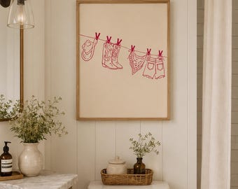 Western Laundry Line Print | Cowgirl Wall Art | Rustic Bathroom Decor | Minimalist Line Art | Farmhouse Kitchen Wall Art | Digital Download