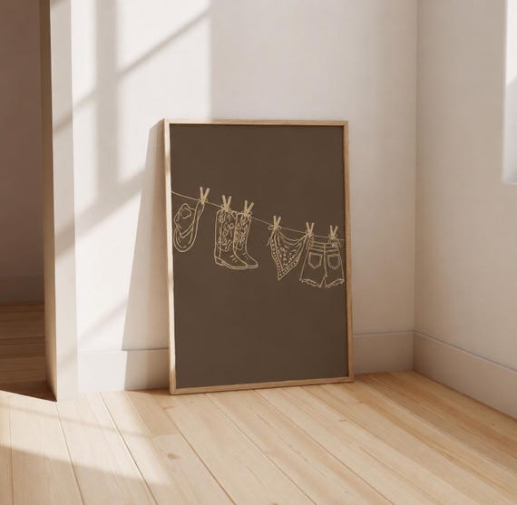 Western Laundry Line Print | Cowgirl Wall Art | Rustic Bathroom Decor | Minimalist Line Art | Farmhouse Kitchen Wall Art | Digital Download