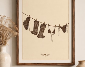 Western Cowgirl Clothesline Print | Neutral Cowboy Boot Wall Art | Rustic Bikini Western Decor | Minimalist Country Bedroom Print | Download