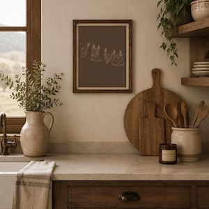 May include: A framed print featuring a line drawing of cowboy boots, a hat, and shorts hanging on a clothesline. The artwork is set against a brown background, displayed in a rustic wooden frame. The image is in a kitchen setting.