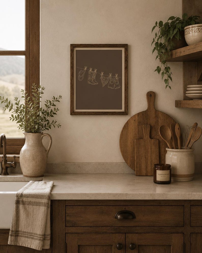 May include: A framed print featuring a line drawing of cowboy boots, a hat, and shorts hanging on a clothesline. The artwork is set against a brown background, displayed in a rustic wooden frame. The image is in a kitchen setting.
