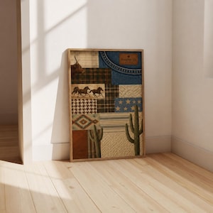 May include: A framed artwork with a patchwork design featuring western-themed elements. The artwork includes images of horses, a bull, denim, stars, and cacti. The text "Frontier Co." is visible on a denim patch. The frame is made of wood.