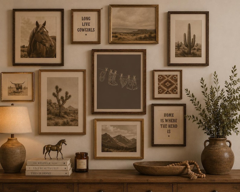 May include: A gallery wall featuring framed art prints with a rustic, western theme. The prints depict a horse, desert landscapes, cacti, and the text "LONG LIVE COWGIRLS" and "HOME IS WHERE THE HERD IS". A lamp, books, and decorative items sit on a wooden surface.
