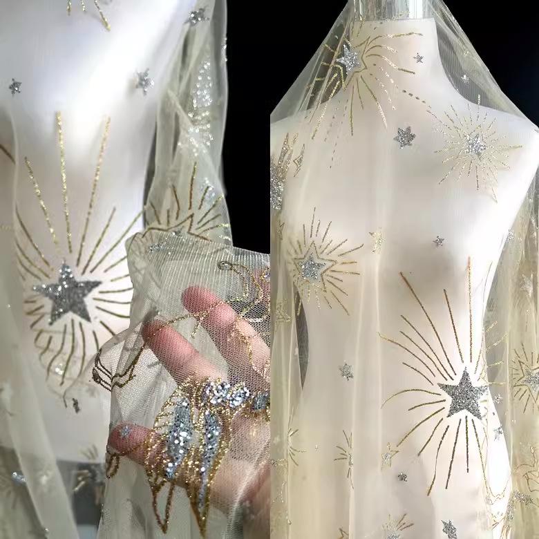 sheer gold star dress Zero-Waste Dress in Sheer Chiffon with Mosaic Star Stripe - S main image 0
