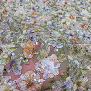 Embroidery Flowers Paillettes Tulle lace Lace Fabric,colorful floral Tulle For Girl Dress Tutu Dress Wedding Dress Bridal Veil 1 yard