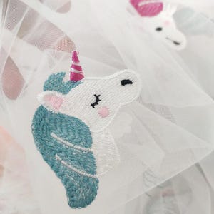 May include: Close-up of white tulle fabric with embroidered unicorn designs. The unicorns feature white faces, teal manes, pink ears, and pink and white striped horns. The fabric is slightly translucent.