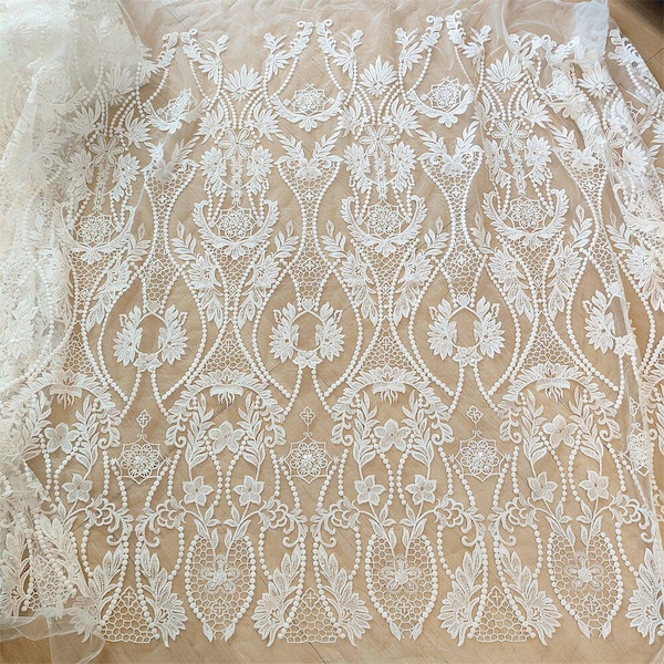 Boho Ivory Embroidery floral Lace Fabric Bridal sequin Lace,Flower Lace Fabric for Romantic Bridal Dress, Wedding Party Dress, Prom Dresses