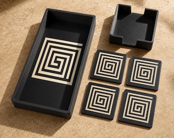 Maya Labyrint Accent Duo | Geometrische Dienblad, Onderzetter & Houder | Mesoamerikaanse Salontafel Decoratie Cadeau