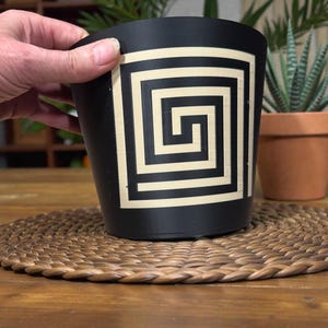 May include: Black plant pot with a cream-colored geometric design. The pot is held by a hand and sits on a woven mat. A terracotta pot with a succulent plant is in the background.