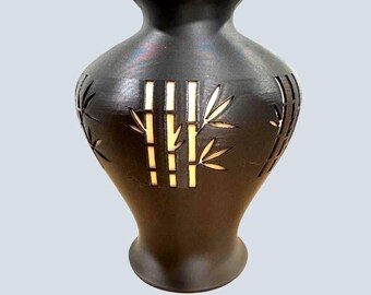 Jarrón de bambú negro y tostado/dorado, arte de bambú japonés, decoración zen MODERNA, acento hogareño ASIÁTICO, REGALO para entrada, estante, repisa, sala de estar