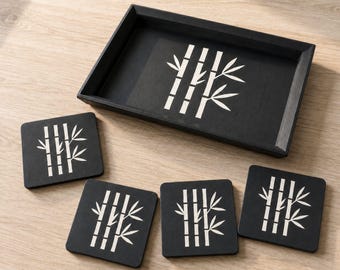 Bamboo Accent Duo | Bamboo Decorative Tray & Coaster Set | Japanese Zen Japandi Coffee Table Decor Gift