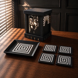 Noir Detective Study Set | Art Deco Noir Table Light, Labyrinth Tray & Spiral Coasters | Film Noir Office Decor Gift