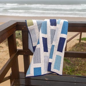 Handmade Modern Patchwork Quilt Throw | Coastal Blues + Navy + Olive