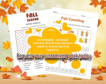 May include: Two worksheets with fall-themed activities, including a word search and a counting exercise. The worksheets feature autumn leaves and the text "Fall Season" and "Fall Counting." The image also includes the text "Request your customized pack today."