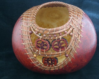 Nature's Finery - Walnut Slices and Pine Needle Coiling Gourd Art