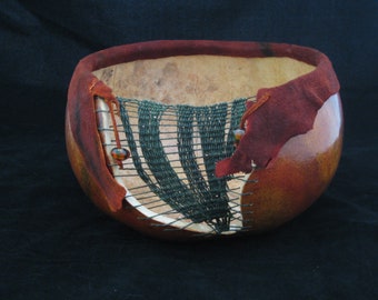 Leather and Lace -  Gourd Art Bowl with Weaving