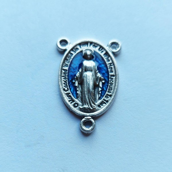 Oval Miraculous Medal with Blue Enamel Centerpiece, Rosary Connector, Rosary Center, Rosary Parts, Catholic Parts, Jewelry Parts